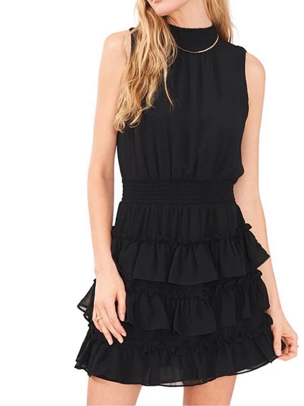 Women's Sleeveless Mock Neck Dress with Ruffle Tiered Skirt